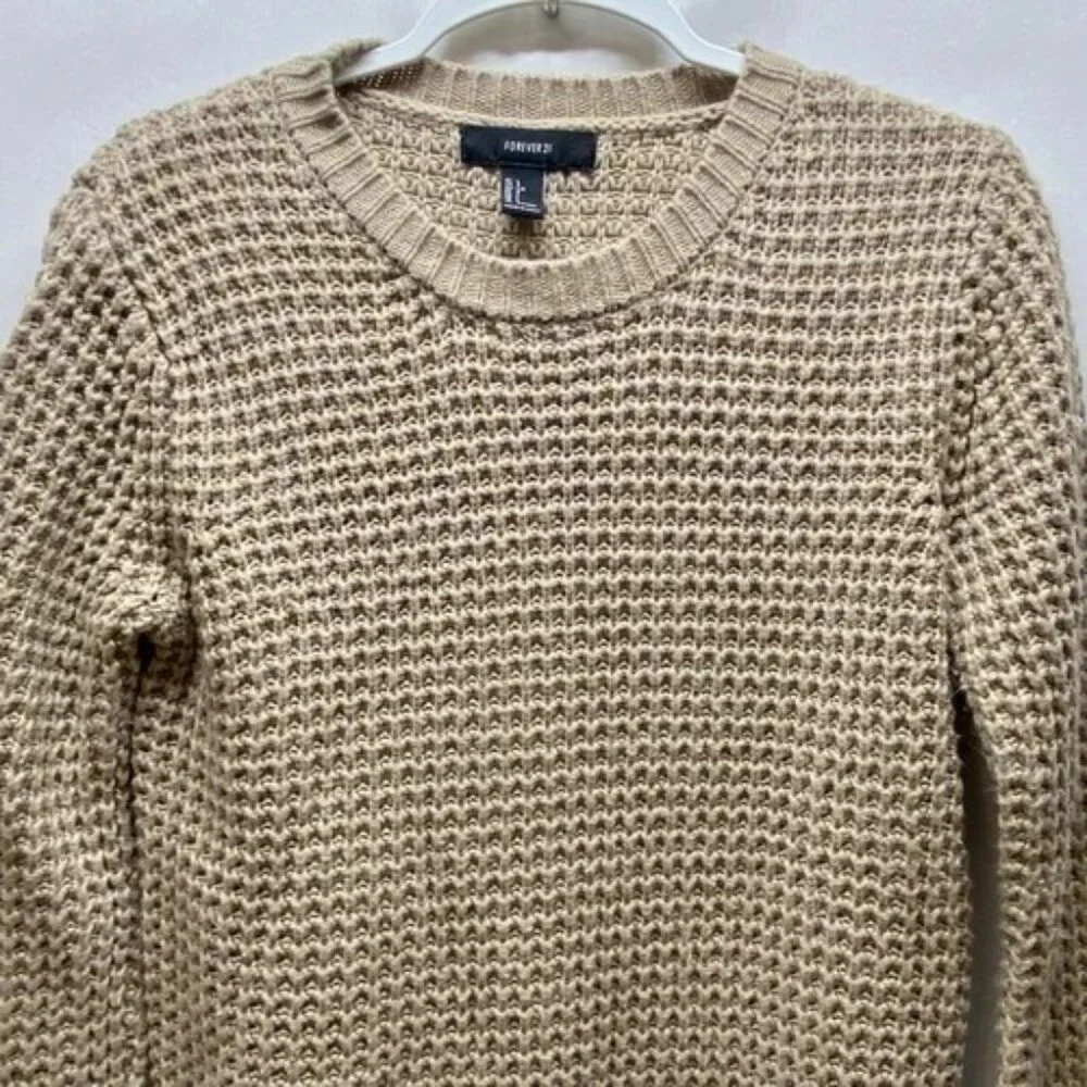 Forever‎ 21 Knit Sweater Women’s Large Tan Long Sleeve Pullover Cozy Tunic Shirt